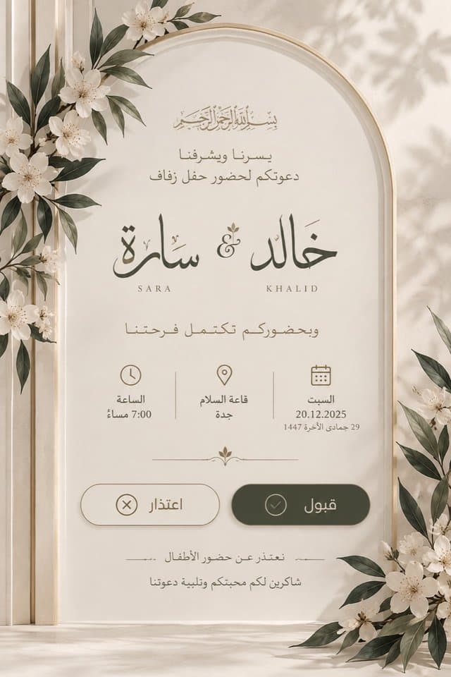 زفاف ٧ — قوس الياسمين: قوس عاجي بإطار ذهبي وزهور بيضاء وأوراق زيتونية.