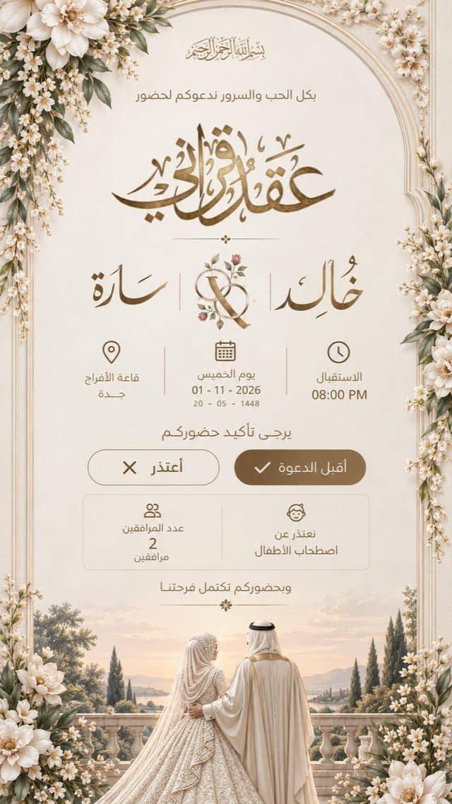 زفاف ٨ — عقد قران ذهبي: زهور بيضاء وإطار عاجي بذهب هادئ ومشهد العروسين عند الغروب.