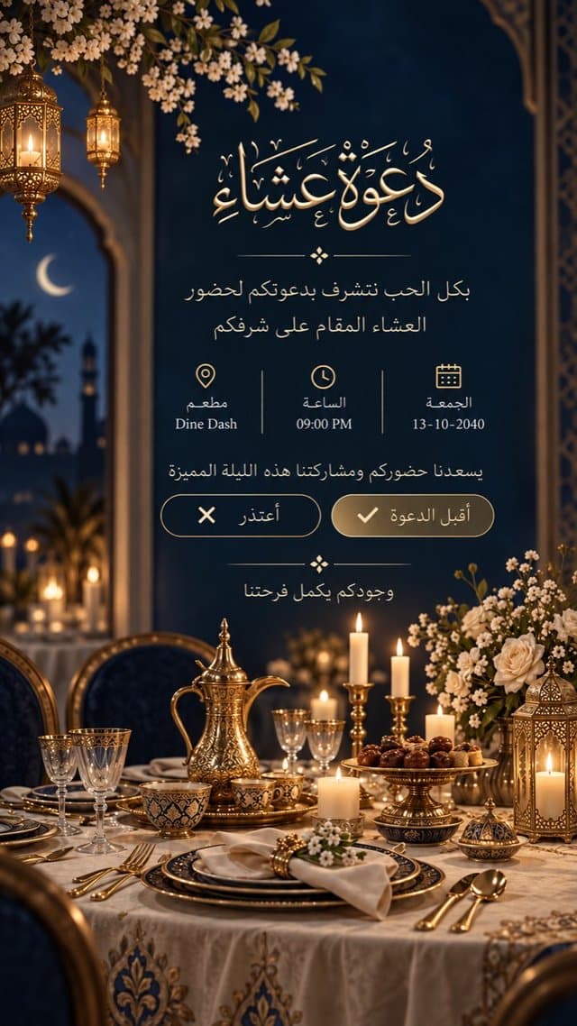 عشاء — كحلي وذهب: كحلي هادئ وزهور بيضاء وطبق بلمسات ذهبية.