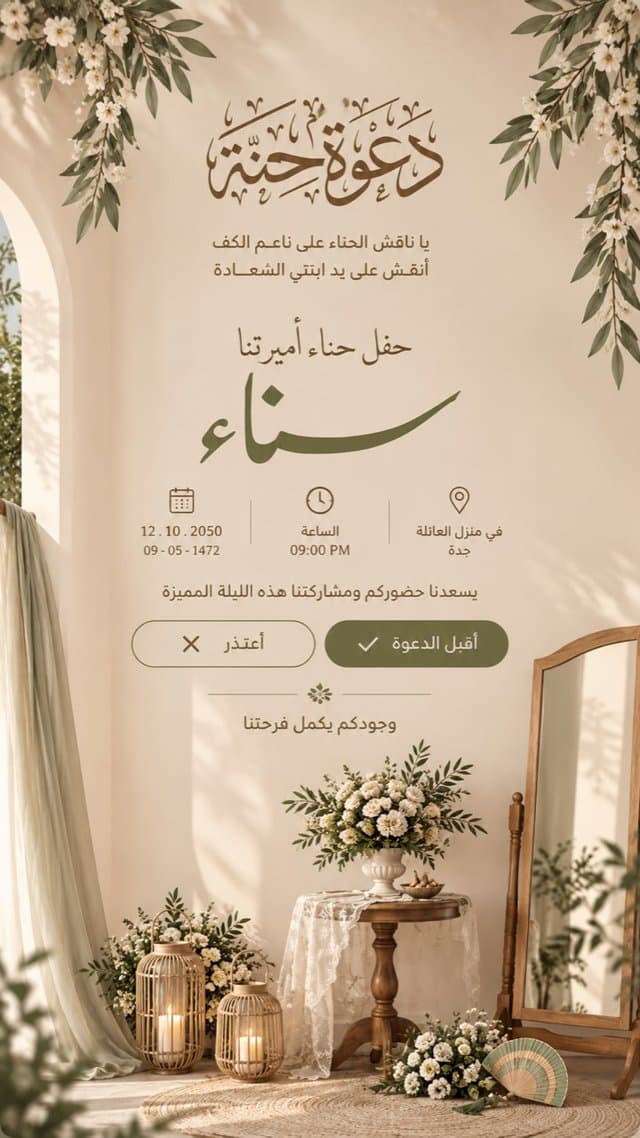 عشاء — فوانيس ذهبية: ضيافة عربية بكحلي ليلي وفوانيس ذهبية وزهور بيضاء.