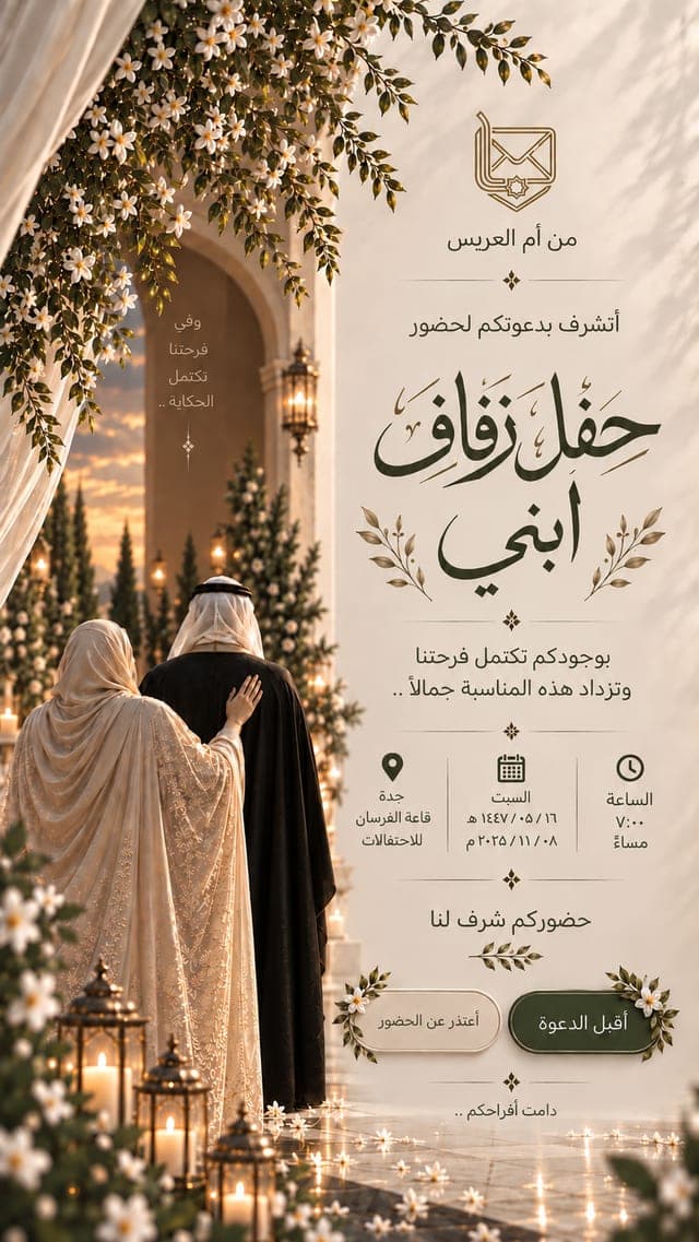 زفاف — العروسين والقوس: العروسان والطرحة المطرزة في أجواء دافئة بدرجات الشامبين.