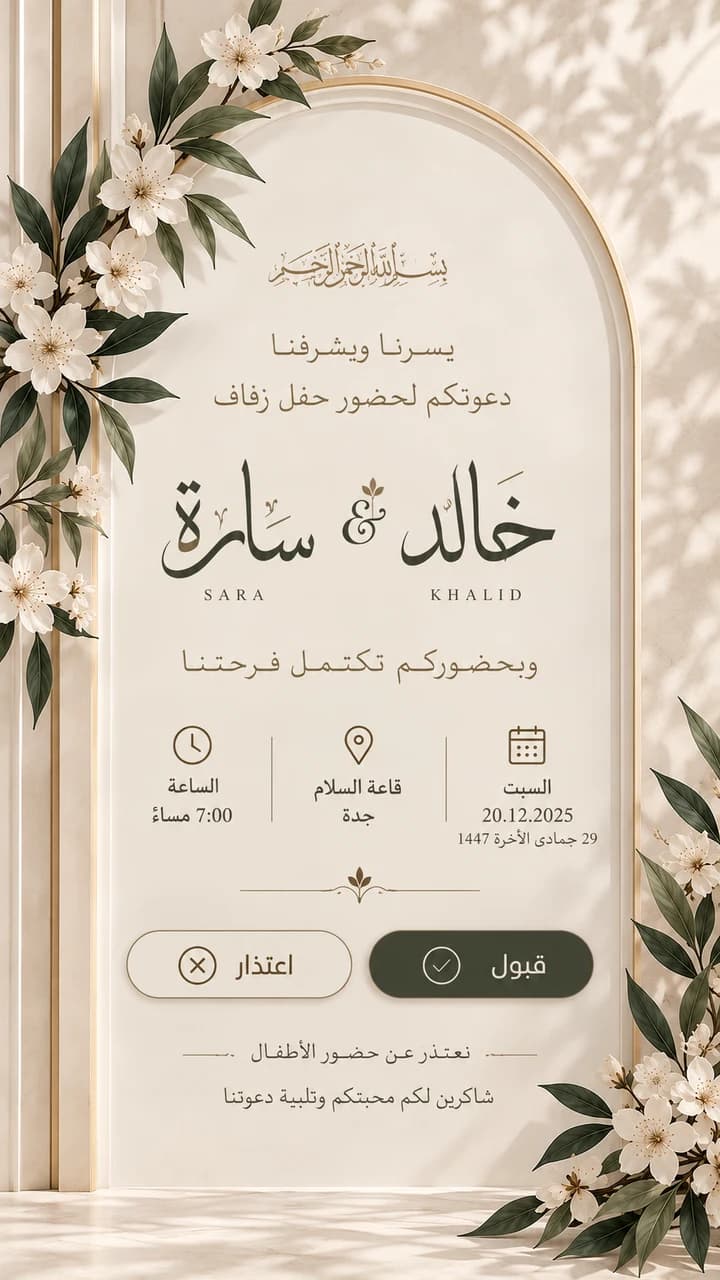 نموذج دعوة زواج زفاف ٧ — قوس الياسمين: قوس عاجي بإطار ذهبي وزهور بيضاء وأوراق زيتونية