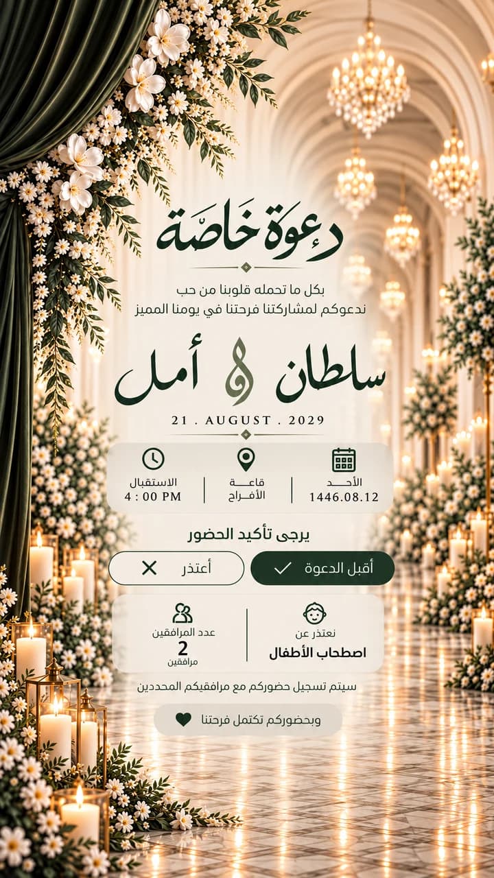نموذج دعوة زواج زفاف — القاعة الزيتية: ستارة زيتية وزهور بيضاء وقاعة مضاءة بالثريات والشموع