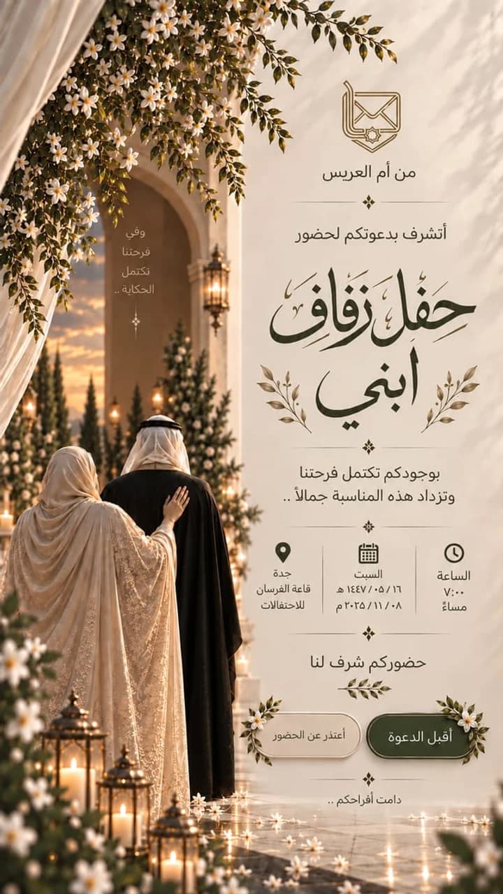 نموذج دعوة زواج زفاف أم العريس: قوس ياسمين وفوانيس عند الغروب، بخط عربي زيتوني على ورق عاجي
